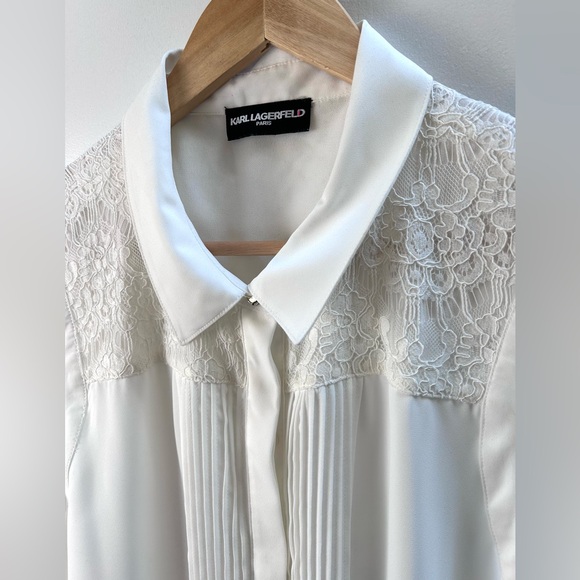Karl Lagerfeld White Button Up Lace Detail Ruffle Blouse Top - Picture 5 of 15